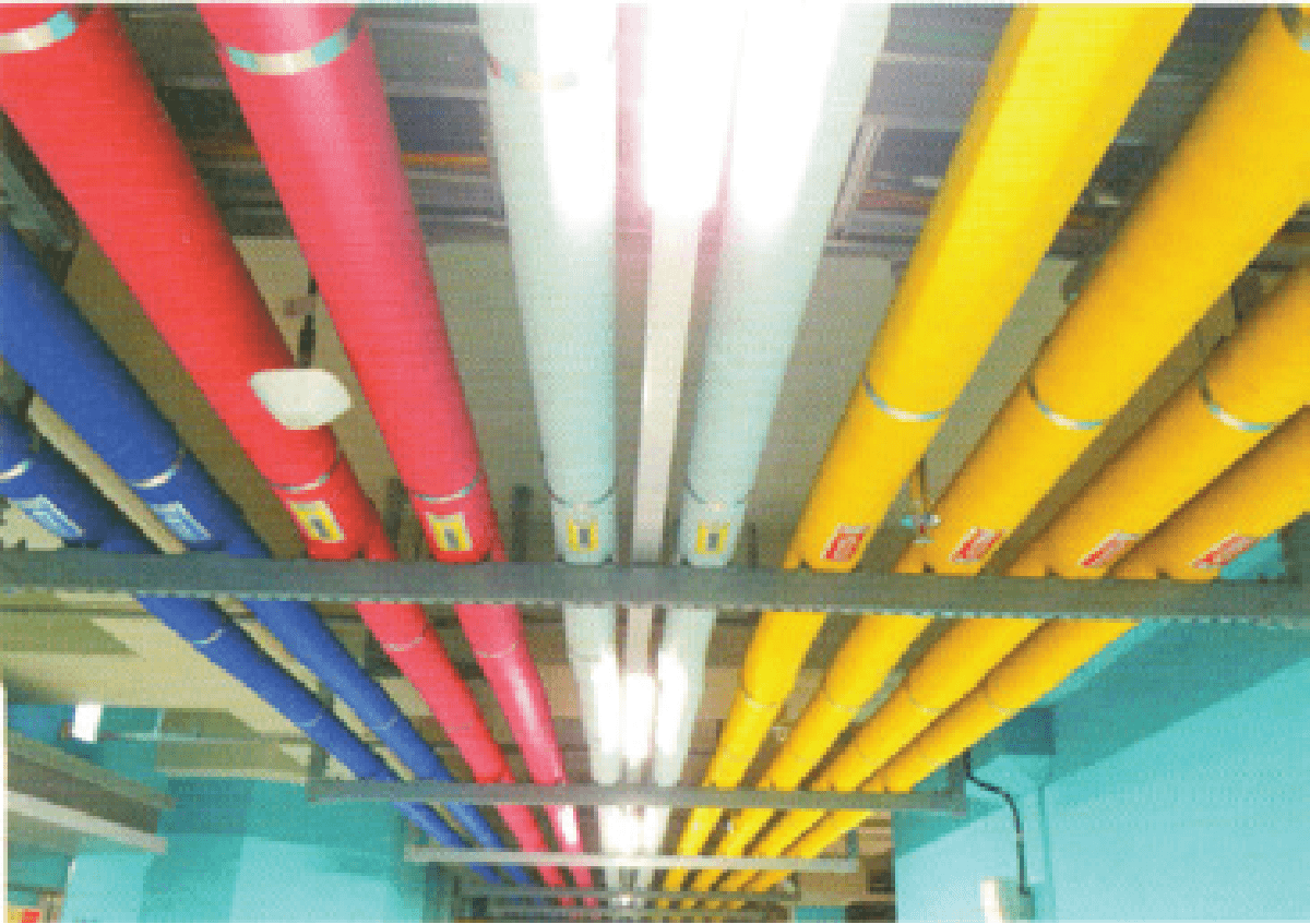 Colour-coded overhead pipework insulated with XLPE